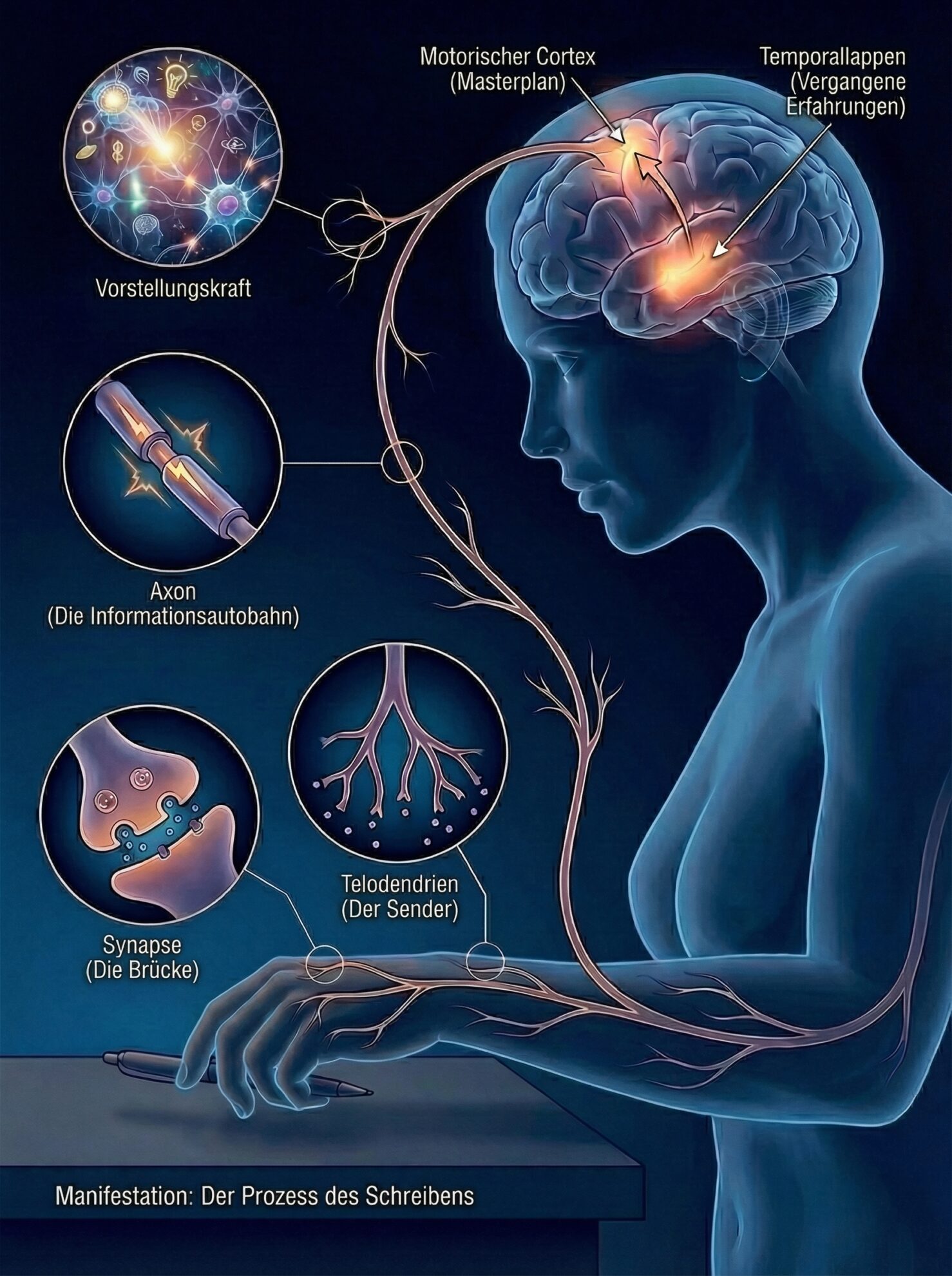 Infografik zum biochemischen Prozess: Vom Temporallappen über das Axon zur Synapse.