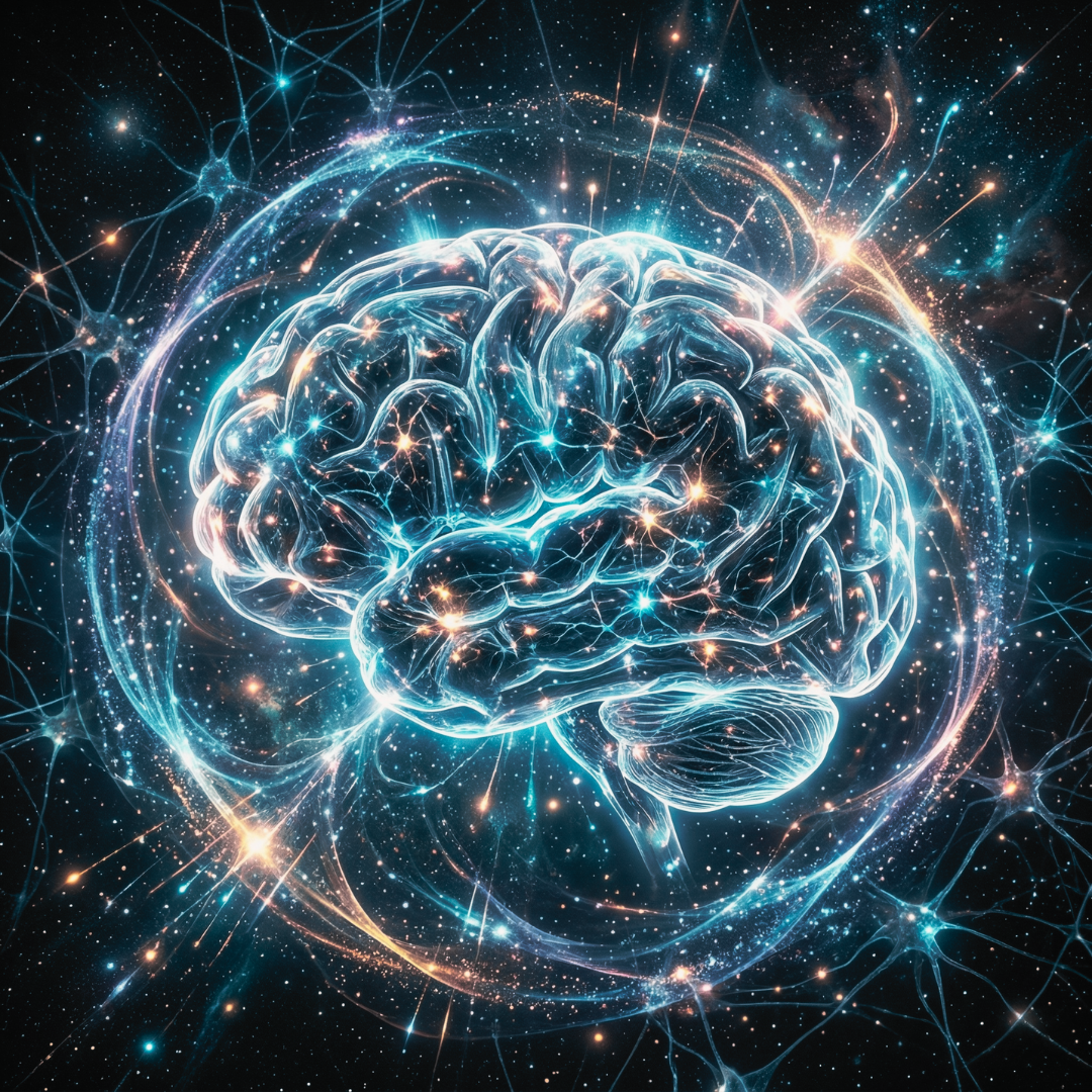 Visualisierung des menschlichen Gehirns als Quanten-Kraftwerk mit leuchtenden neuronalen Netzwerken und Impulsen.