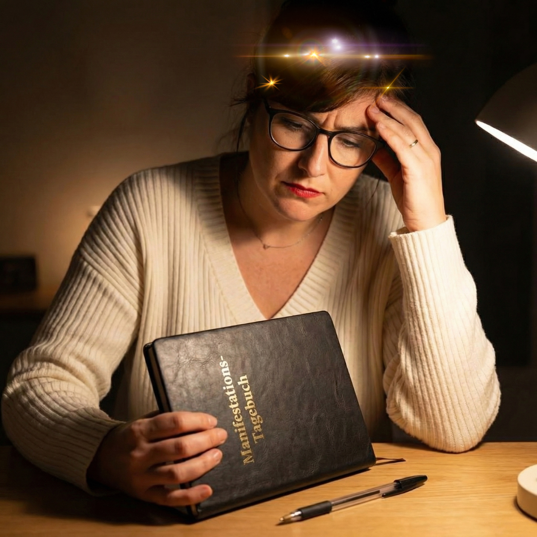 Manifestieren Porträt einer nachdenklichen Frau mit Brille, die frustriert über ihren ausbleibenden Manifestations-Erfolg reflektiert.