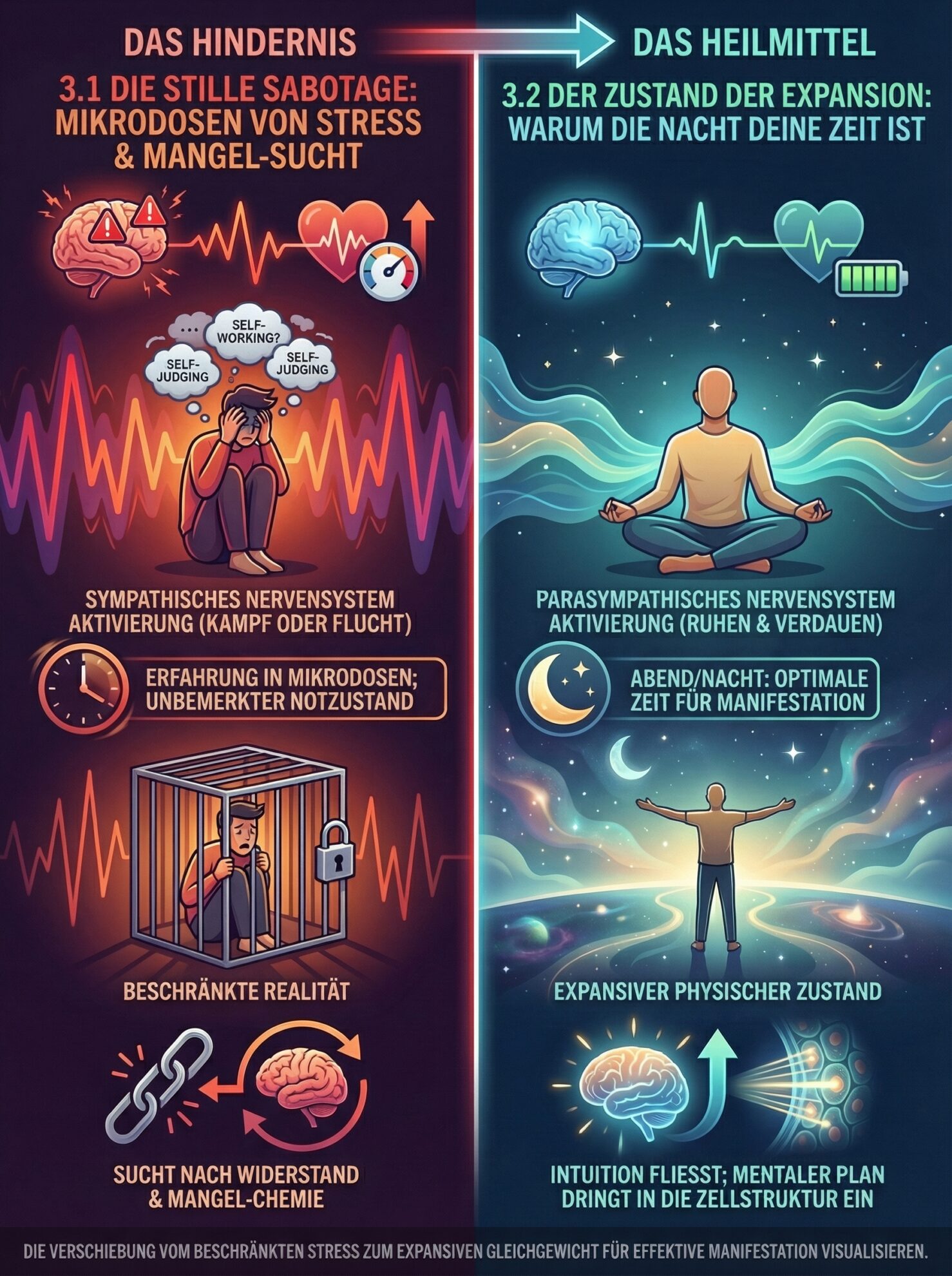Vergleichsgrafik: Stress-Modus (Sympathikus) vs. Schöpfer-Zustand (Parasympathikus) bei der Manifestation Biochemie.